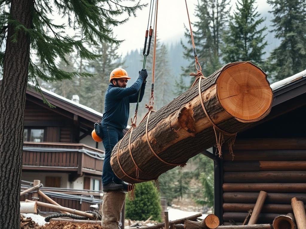 Démontage par sections d'un épicéa avec rétention par cordes à côté d'un chalet