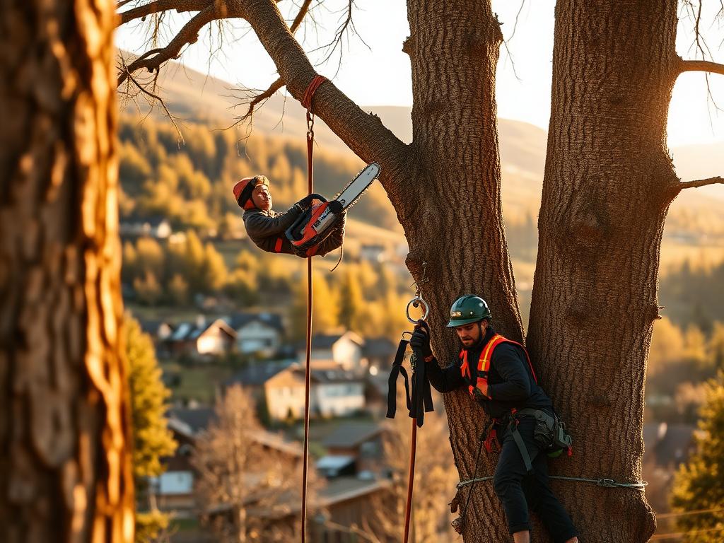 Élagueur grimpeur taillant un grand arbre en corde au-dessus d'un village de Haute-Savoie